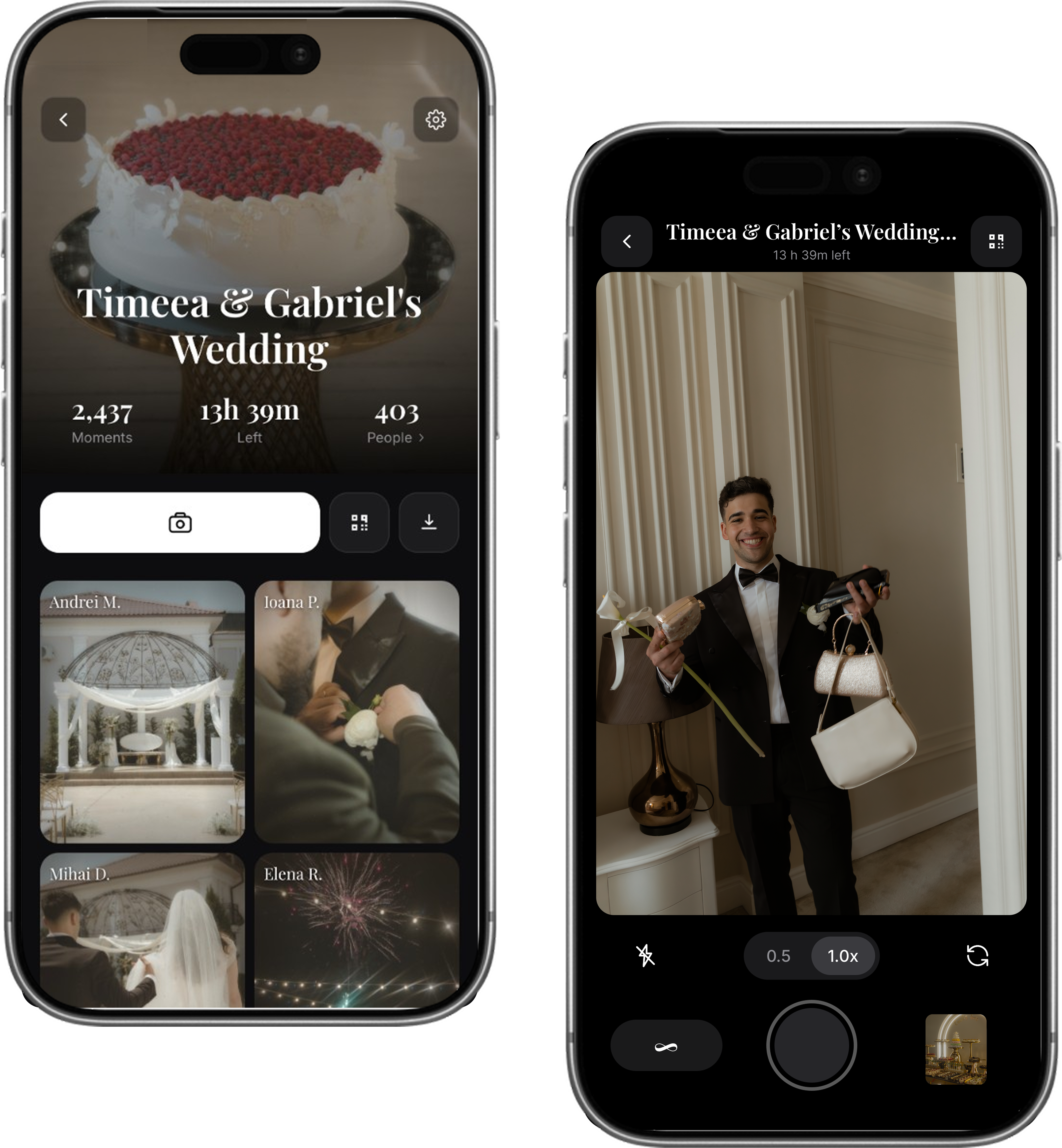 Memoir app showing a shared wedding album and the in-app camera